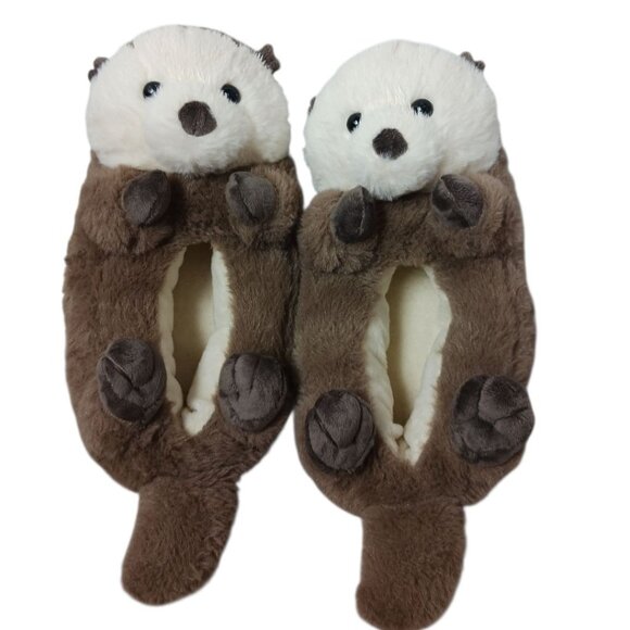 Ooh Geez Cute Otter Plush Slippers Non-Slip Sole Brown & Cream Small 5--6 - Picture 1 of 14